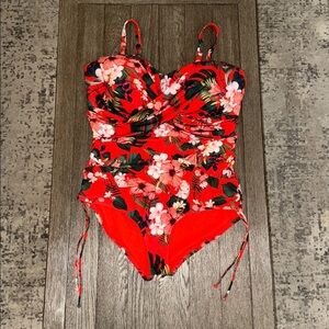 City Chic Antigua Tropical Floral One Piece Swimsuit Red Print XL (22)